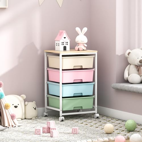 Image of Utility Cart with 4 Drawers, Rolling Storage Cart with Drawers, Rainbow