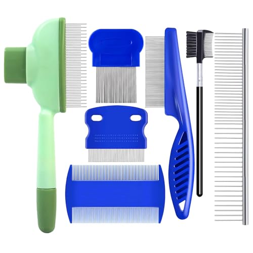 FOSER Katze Hund Flohkamm, 7 Stück Katzen und Hunde Pflegekamm, Läusekamm (7 Stück - Blau + Grün)