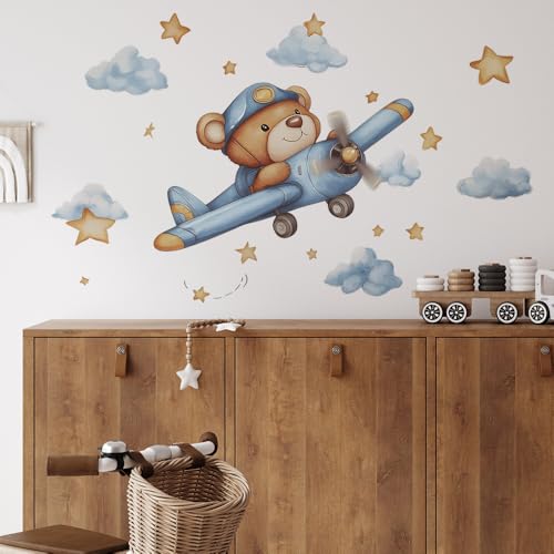 Image of Cute Bear Pilot Airplane Wall Stickers for Kids Nursery - Removable Peel and Stick Decals with Stars and Clouds - Watercolor Vinyl Decor for Baby Room Bedroom - Safe Non-Toxic Gift