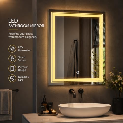 Image of LED Smart Bathroom Mirror with Touch Sensor | 3-in-1 Light Modes - Warm White | Cool White & Natural Light | Office and Home Use (Portrait 2, 18x24)