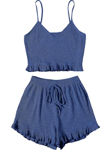 Image of Avanova Women Sexy 2 Piece Pajama Set Ruffle Trim Cami Top and Shorts Sleepwear Set