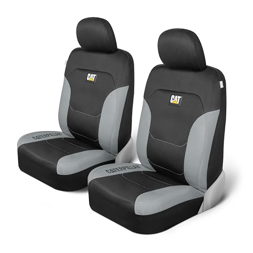 Caterpillar Flexfit Automotive Seat Covers for Cars Trucks and SUVs (Set of 2) – Black Seat Covers for Front Seats, Seat Protectors with Gray Honeycomb Trim, Auto Interior Covers