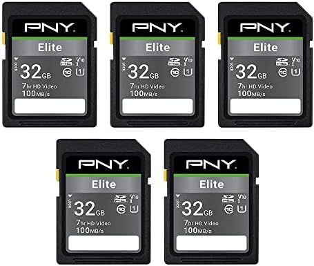 PNY 32GB Elite Class 10 U1 V10 SDHC Flash Memory Card - 100MB/s Read, Class 10, U1 Full HD, UHS-I, Full Size SD (Pack of 5)