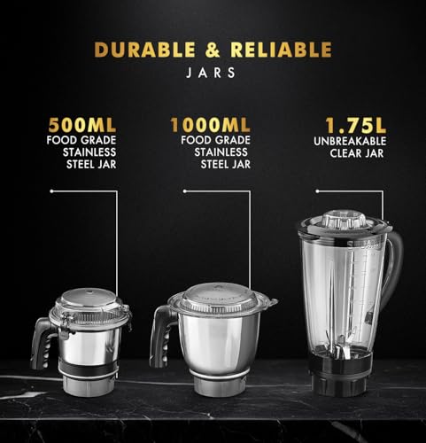 Sujata MG01 Mixer Grinder|1000 Watts Double Ball Bearing Motor|24000 RPM| Non-Stop 90 Mins Running|3 Jars including 1750ml Blender, 1000ml Grinder, 500ml Chutney Jar| (Black) view 2