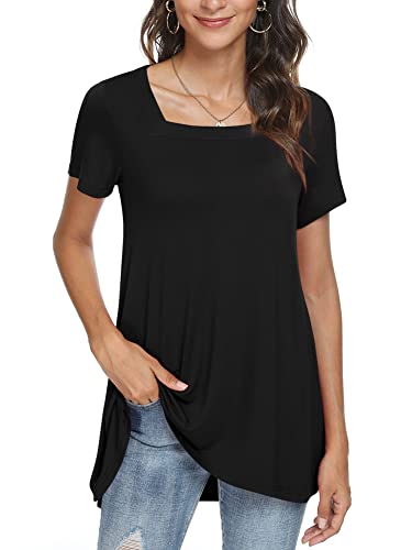 POPYOUNG Women's Long Tunic Tops to Wear with Leggings Summer Short Sleeve Loose Fit Dressy Square Neck Shirts M-5XL2