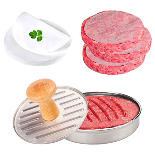 Mepple Burger Press with Non-Stick 100 Patty Papers, Stainless Steel Hamburger Patty Maker with Wood Handle, Burger Mold for Meat Veggie BBQ, Barbecue Grilling Accessories and Kitchen Tool, 5” Dia