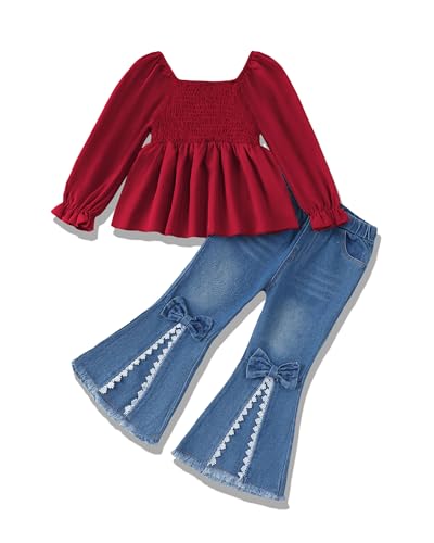 Image of XUANHAO Toddler Girls Clothes Puff Sleeve Smocked Shirt Flare Jeans Pant Outfits for Girl Bell Bottom Kids Girls Clothing Set