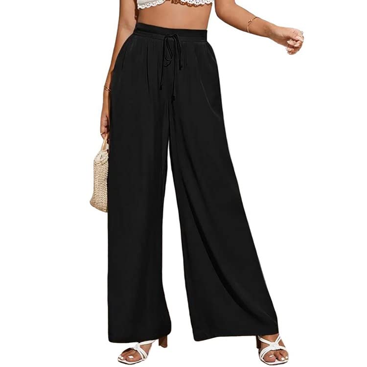 Wide Leg Pants for Women Elastic High Waist Drawstring Palazzo Trousers Summer Casual Baggy Flowy Beach Long Pants