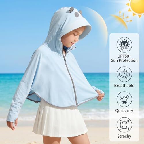 Image of PALAY Sunscreen Jacket for Girls, UPF 50+ Sun Protection Hoodie Jacket for Girl Kid Long Sleeve Wide Brim Hat Summer Coat with Face Mask for Hiking Outdoor 110-130cm Girl