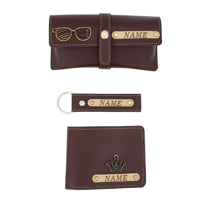 Customized Faux Leather Men's Wallet, Keychain and Sunglass Cover Set (Brown) | Personalised Name Wallet Combo for Men | Gift for Him (Pack of 3)-image-29