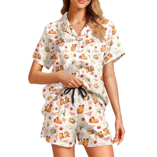Image of Funny Pajamas for Women Set Print Satin Loungewear Pjs Short Sleeve Button Down Top and Shorts Sets Sleepwear XS-3XL