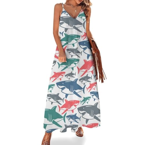 Robe longue requins jaunes et verts ete sans manches robe maxi plage femme