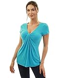 AmélieBoutik Women V Neck Twist Knot Front Casual T-Shirt Short Sleeve Blouse (Turquoise Large)