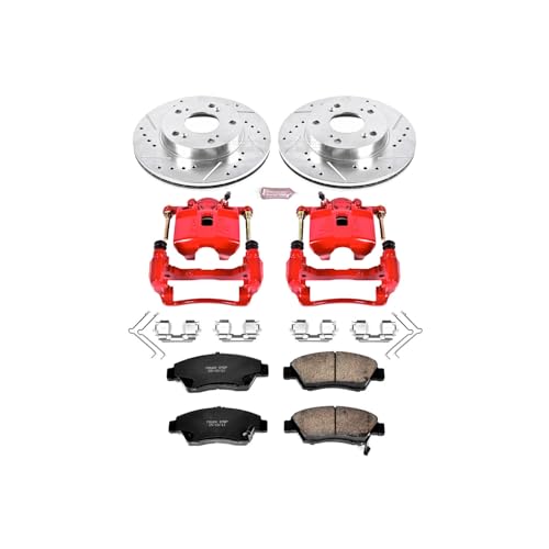 Image of PowerStop Front Brake & Caliper Kit for Honda Civic 2006-11 - Carbon-Fiber Ceramic Brake Pads + Drilled & Slotted Rotors + Red Powder Coated Calipers, KC2389