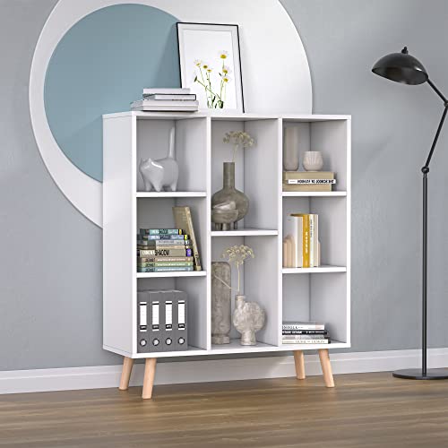 Cozy Castle White Small Bookshelf, Wood 8 Cube Storage Organizer Book Shelves With Anti-Tilt Device, Freestanding Modern Bookcase For Bedroom, Office, Living Room #TOP2