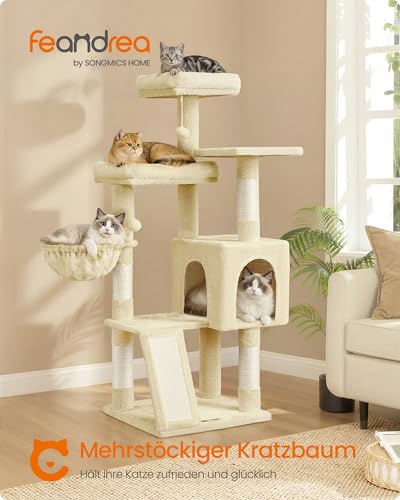 Feandrea Kratzbaum, 136 cm hoch, Katzenbaum, mehrstöckiges Katzenhaus, mit 4 Kratzsäulen, 3 Plattformen, Liegemulden, Höhle, beige PCT012LF01