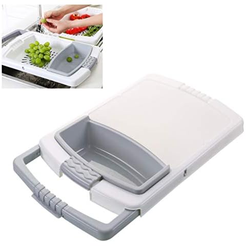 Multi-Functional Over Sink Cutting Board Fruit and Vegetable Sorting Storage 3 in 1 Removable Chopping Block with Extendable Handles(Blue Green Gray) (Gray) Cover