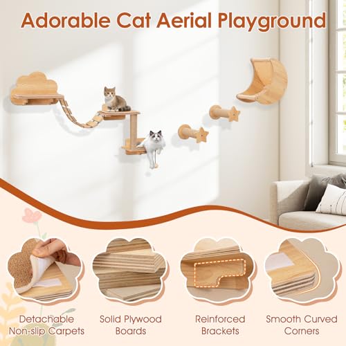 Juego de 6 estantes murales para gatos de madera miniatura 7