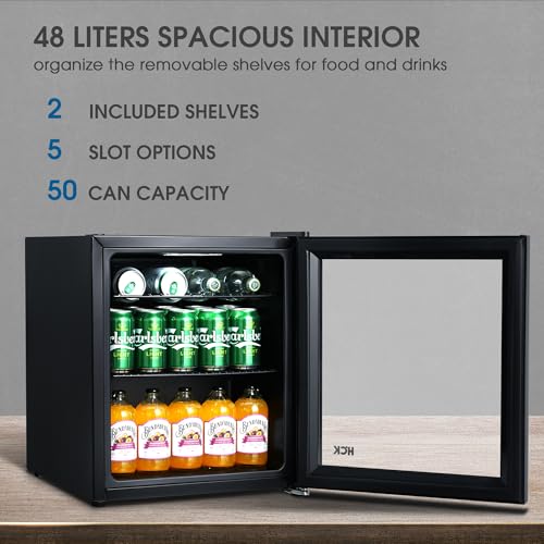 HCK 48L Mini Fridge with Glass Door, 0-15°C Cooling Zone and 2 Shelves, Compact Beverage Refrigerator Cooler for Bar and Living Room