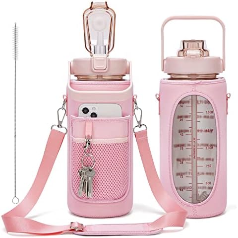KINOUCHI 70oz Half Gallon Water Bottle with Sleeve - 2L Leak-proof BPA-Free Motivational Drink Water Bottle with Straw & Customized Time Markers (Pink+Pink)
