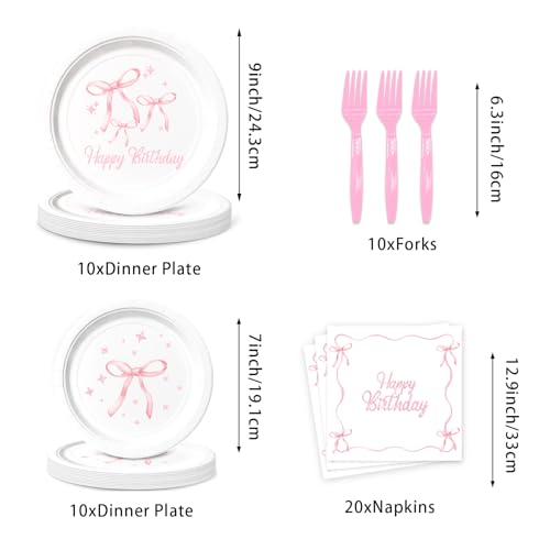 Pink Bow Birthday Party Supplies, 96Pcs Coquette Birthday Decorations Includes Napinks Plates Forks Pink Bow Theme Tableware Party Supplies