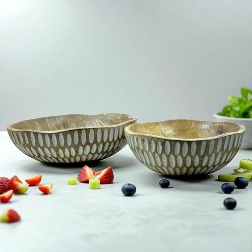 Image of POSHIO Wooden Bowls for Serving Fruit Salad, Set of 2 | Serving Wooden Bowls with Food Grade Coatings | Stylish Irregular Shaped Handcrafted Bowls for Table Decor