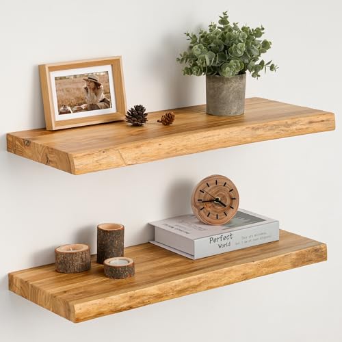 Realgulf Floating Shelves Set of 2, Solid Elm Wood Wall Shelves 24 Inch - Invisible Bracket Mount for Living Room, Bedroom, Kitchen, Bathroom - Natural
