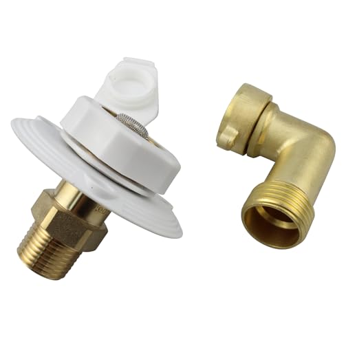 Image of RV City Water Fill Inlet Flange Brass with Hose Elbow Check Valve, Water Inlet for Camper RV Trailer Motorhome Marine,White Hookup Connector Check Valve