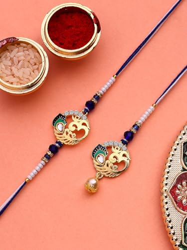 Image of Sukkhi Rakhi Creative Gold Plated with Meenakari Handwork Om Rakshabandhan Lumba Rakhi for Brother Bhaiya Bhabhi with Roli Chawal & Greeting Card|Set of 2|CBRAKL107454