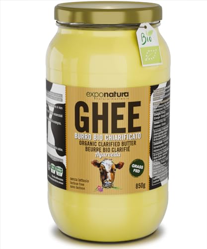 Exponatura Ghee orgánico – Mantequilla clarificada según la antigua receta ayurvédica – solo de la leche de vacas de pasto – sin lactosa, extremadamente digerible (850 g, ghee)