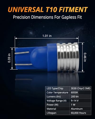 Image of WLJH Blue PC194 T10 LED Bulb with Twist-Lock Sockets for Dash Gauge | 3030 SMD, 200lm, PC194 PC168 PC195, Plug and Play, Map, Dome, Trunk, Glove Box, Instrument Panel Light, 6-Pack