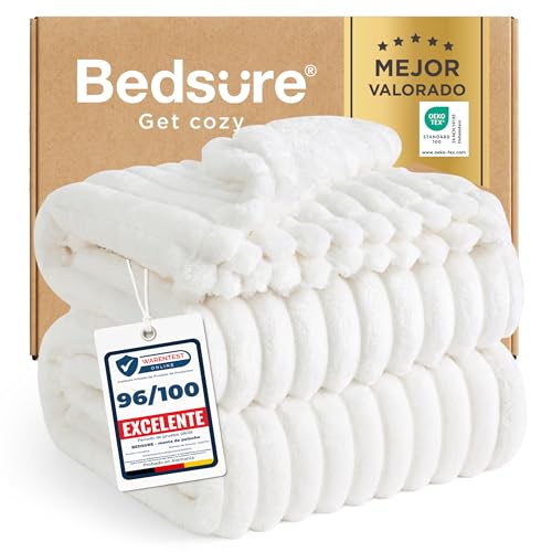 Bedsure Manta Suave y Esponjosa, Manta de Forro Polar, Manta de Cordón Gruesa, Suave y cálida, acogedora para Cama y sofá, Blanco, 230 x 270 cm