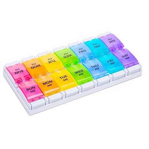 DIELUNY Pastillero semanal, Organizador de Pastillas con botón pulsador, Compartimentos Grandes Pastillero semanal Rainbow para vitaminas Aceites de Pescado Suplementos Medicación