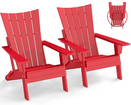GREENVINES Folding-Adirondack-Chairs-Set-of-2 | HDPE Plastic | Arch Series | Fire Pit Chair | All Weather | for Outdoor Patio Deck Backyard Poolside | Red