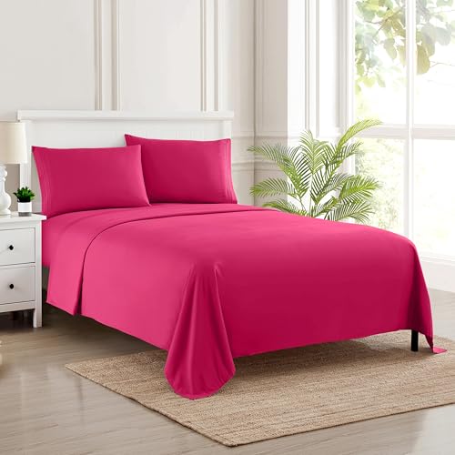 California King Size Sheet Set with Built-in Sheet Straps - Deep Pocket Fitted Sheet, Flat Sheet & Pillowcases - Soft, Wrinkle-Free, Secure Fit - Fuschia