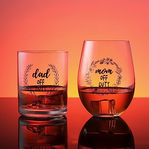 Joeyan YKG0118A Hand-Blown Dad & Mom Off Duty 12 Oz Whiskey Glass And 17 Oz Stemless Wine Glass Tumbler Set,New Parents Gifts For Couples,Funny Gifts For Father'S Day Mother'S Day Birthday Baby Shower thumb #4