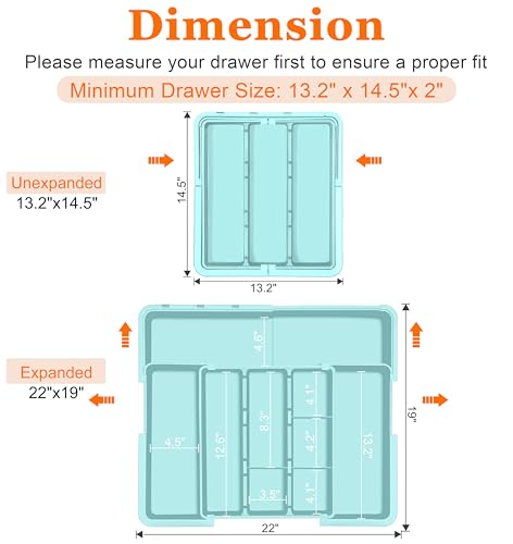 Large Utensil Drawer Organizer Expandable Silverware Organizer for Kitchen Drawer Adjustable Cooking Utensil Holder Cutlery Flatware Tray Spatula Tools Gadgets Storage Dividers Plastic Turquoise
