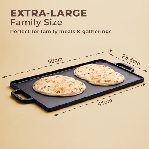 Image of Homero Cast Iron Tawa 50x23 cm - Reversible Grill Pan Cast Iron, Double Sided Grill & Flat Tawa | Pre-Seasoned Heavy Duty Barbeque Pan for Gas, BBQ & Campfire