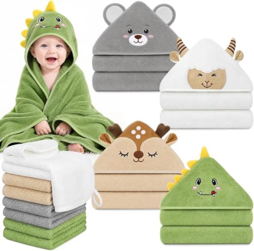 Image of 12 PCS Baby Bath Towels Set for Infants Toddlers Essentials (Deep Green, White, Grey, Brown)