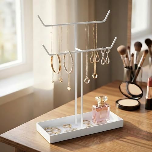 Image of ecofynd 2-Tier Metal Jewelry Organizer Stand with 2 Hangers, 16-Inch Holder for Earrings, Necklaces, Bracelets & Rings, Space-Saving Display for Vanity, Dressing Table & Home (White, JS010)