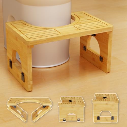 Image of Folding Toilet Stool 7 inch&9 inch Adjustable, Bamboo Poop Stool for Adults & Kids