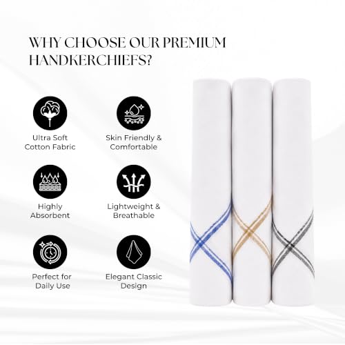 Image of Men's White Cotton Handkerchiefs | Soft & Sweat Absorbent Hankies for Men & Boys | Daily Use Rumal for Office, Travel & Everyday Use | Size 50 x 50 cm | Pack of 3