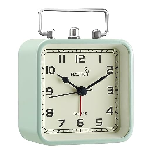 Square Metal Beep Alarm Clock Silent No Ticking, Snooze and Battery Operated, Night Light and Desk Clock for Bedroom/Travel/Kids, Easy Set(Green)