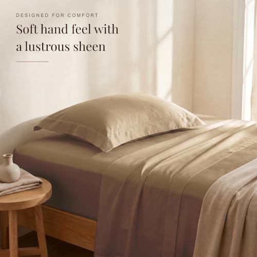 Image of HUESLAND 300 TC Soft Pure Cotton Sateen Weave Bedsheet for Single Bed with Pillow Covers - Luxury Collection | Sand Dune | 88 x 55 inches