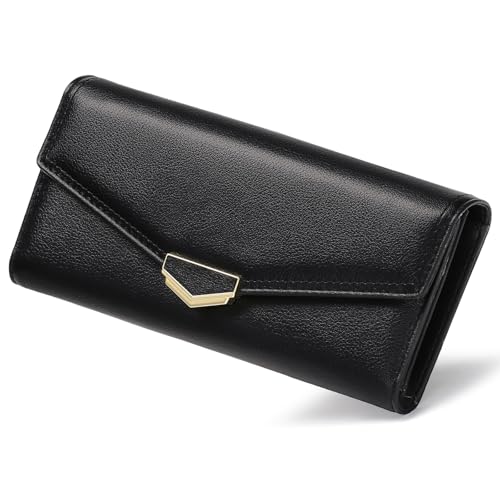Image of Women's Wallet Leather RFID Blocking Large Capacity Trifold Card Holder Wallets Ladies Long Purse with ID Window