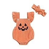 My First Halloween Baby Girl Outfit Newborn Pumpkin Face Print Bubble Romper Jumpsuit Overalls Pumpkin Clothes (Pumpkin,12-18 Months)