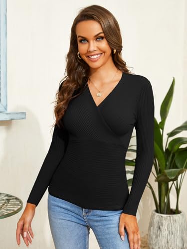 Image of Fangetey Womens Deep V Neck Sexy Wrap Sweater Long Sleeve Slim-Fitted Knitted Jumper Top