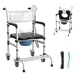 4-in-1 Rolling Bedside Commode with Wheels & Shower Chair for Seniors