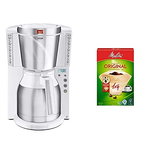 Melitta Look IV Therm Timer Cafetera de Filtro con Jarra Isotérmica, 1000 W, 1.25 litros, Blanco + 1x4 Filtro Original…