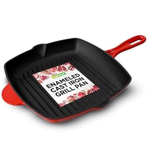 NutriChef Nonstick Cast Iron Grill Pan – 28cm, Kitchen Square Cast Iron Skillet Griddle Pan, Enameled Cast Iron Skillet Steak Pan w/Side Drip Spout for Electric Stovetop/Induction/Gas